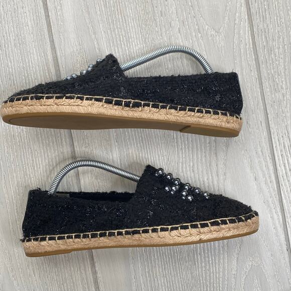 Tory Burch Womens Black Willa Tweed Pearl Logo Espadrille Slip On Flats Size 7.5 - Picture 7 of 10